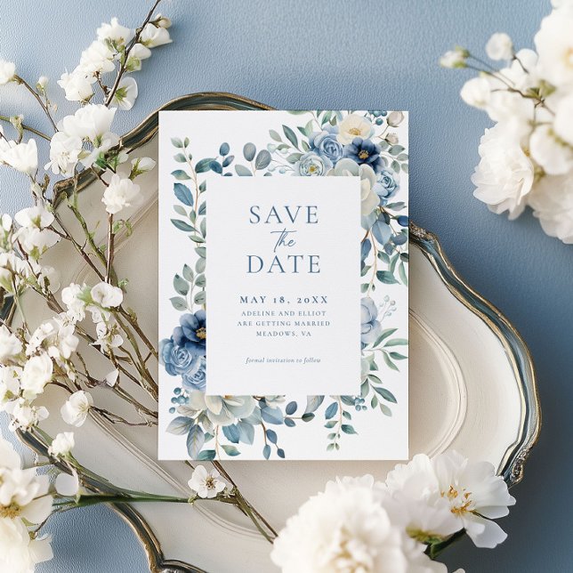 Invitation Floral Enregistrer La Date, Dusty Blue Enregistrer (Créateur téléchargé)