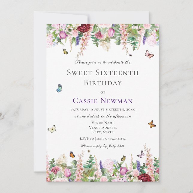 Invitation Floral et papillon rose violet | 16e anniversaire (Devant)