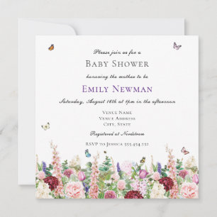 Invitation Floral et papillons rose pourpre   BABY SHOWER