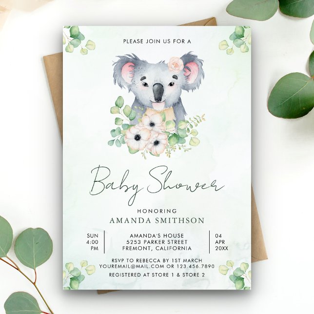 Invitation Floral Eucalyptus Koala Baby shower fille (Créateur téléchargé)