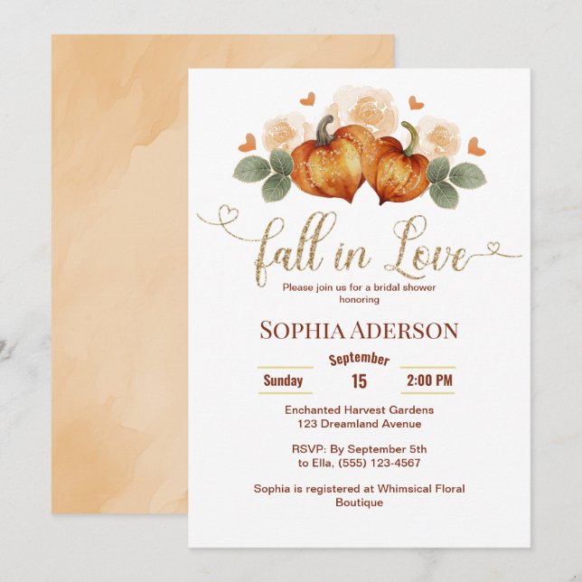 Invitation Floral Fall In Love Citrouille Fête des mariées Co (Devant / Derrière)