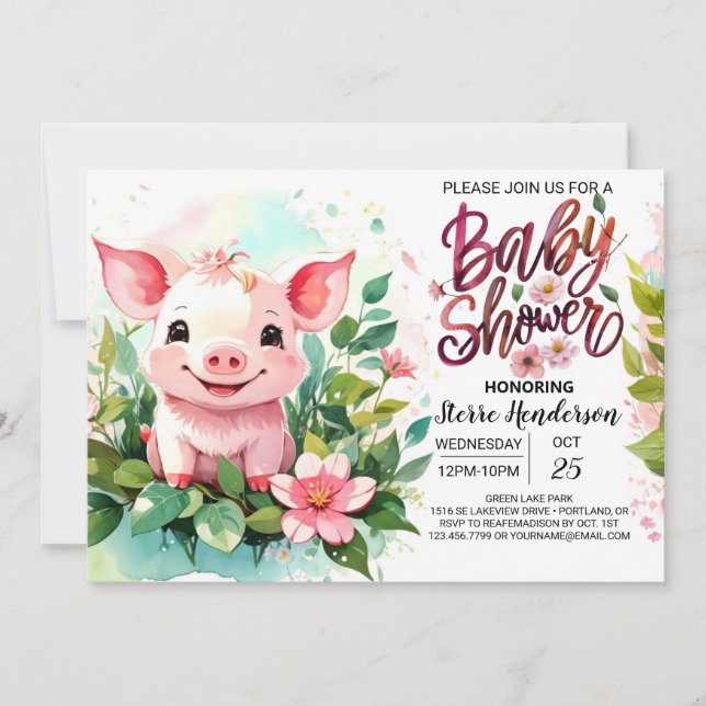 Invitation Floral Farm Adventure Piglet's Baby shower (Devant)