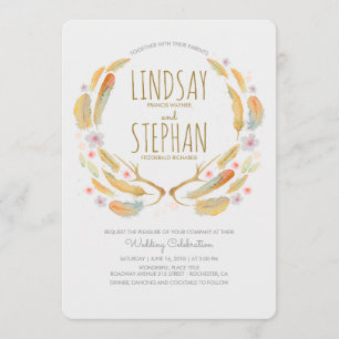 Invitation Floral Feathers Antlers Mariage des forêts d'été