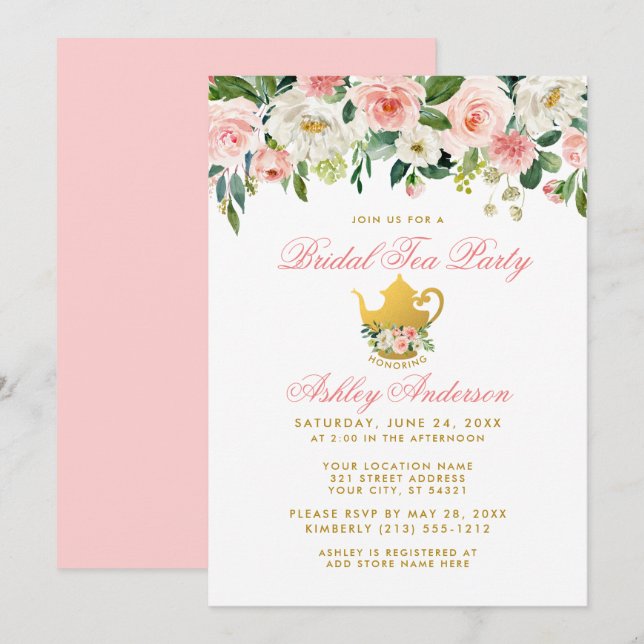 Invitation Floral Fête des mariées rose Tea Party Gold Invita (Devant / Derrière)