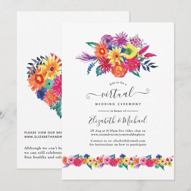 Invitation Floral Fiesta Mariage virtuel en ligne (Devant / Derrière)