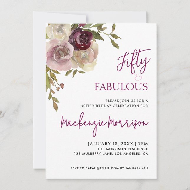 Invitation Floral Fifty and Fabulous Script Birthday Party (Devant)
