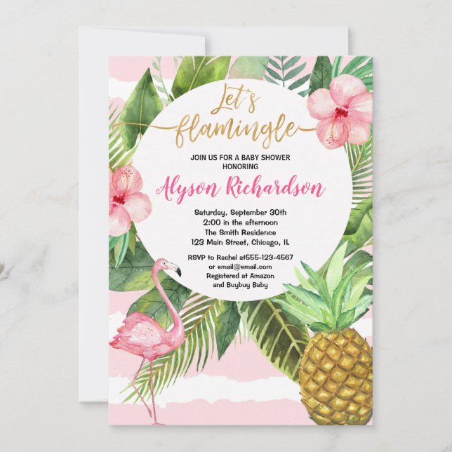Invitation Floral flamingo rose or fille baby shower (Devant)