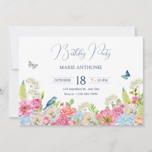 Invitation Floral Fleur bleu vert rose printemps anniversaire