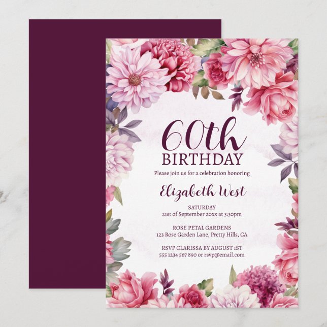 Invitation Floral Fleur Fleurie Blush Purple 60e anniversaire (Devant / Derrière)