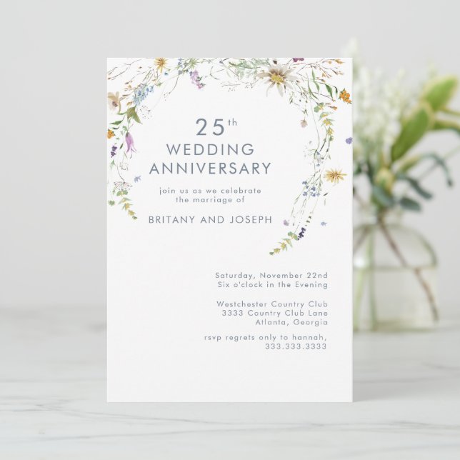 Invitation Floral Fleur sauvage bleu 25e anniversaire Mariage (Debout devant)