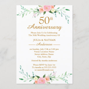 Invitation Floral Fleur sauvage rose 50e anniversaire de Mari