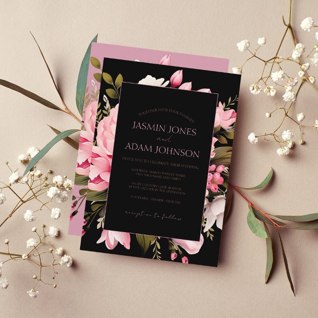 Invitation Floral Fleurs roses noires foncé Mariage esthétiqu (Créateur téléchargé)