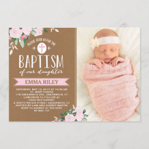 Invitation Floral Flores Kraft Bébé Fille Baptême Invitatio