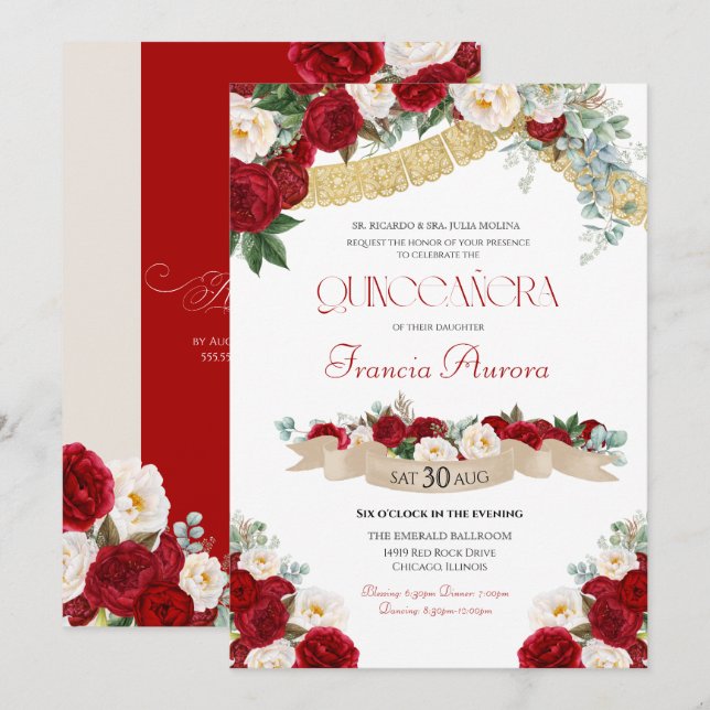 Invitation Floral Flores Rouge & Blanc Or Fancy Quinceañera  (Devant / Derrière)