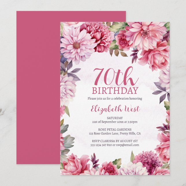 Invitation Floral Flower Bloom Hot Pink 70e anniversaire (Devant / Derrière)