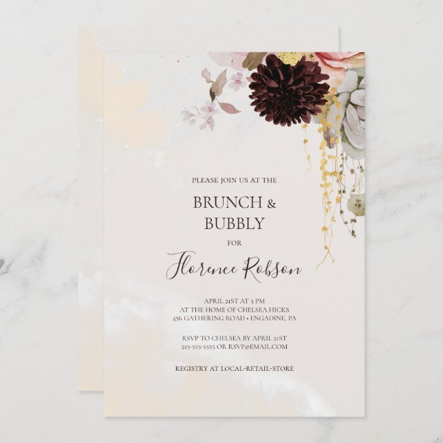 Invitation Floral flush moderne | Brunch en marbre et bulle (Devant / Derrière)