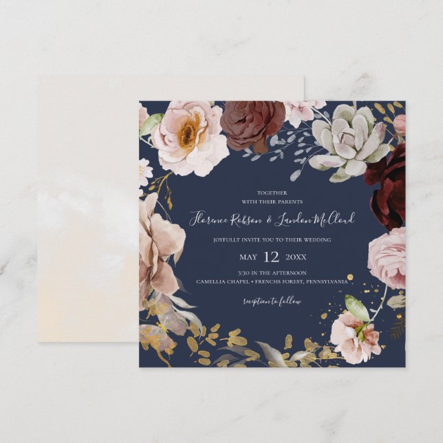 Invitation Floral flush moderne | Carré de la marine Mariage  (Devant / Derrière)