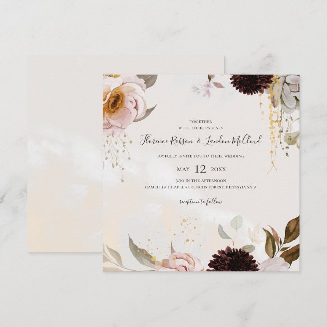 Invitation Floral flush moderne | Mariage Carré aquarelle (Devant / Derrière)