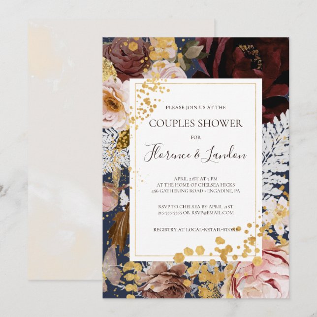 Invitation Floral flush moderne | Marine Couples Douche (Devant / Derrière)