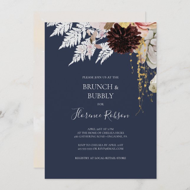Invitation Floral flush moderne | Navy Brunch et Bubbly (Devant / Derrière)