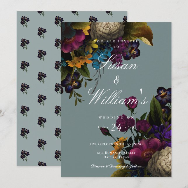 Invitation Floral foncé Moody Blue Mariage Turquoise (Devant / Derrière)