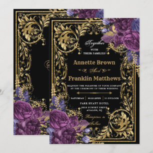 Invitation Floral foncé violet Vintage Ornate or Mariage