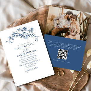 Invitation Floral Français Photo QR Code Marine Mariage bleu