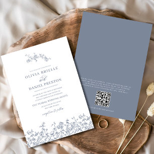 Invitation Floral Français Vintage QR Code Dusty Blue Mariage