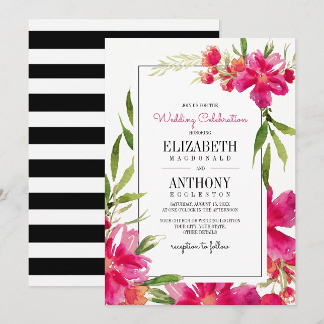 Invitation Floral Fuchsia | Vert | Mariage de bandes noires (Devant / Derrière)