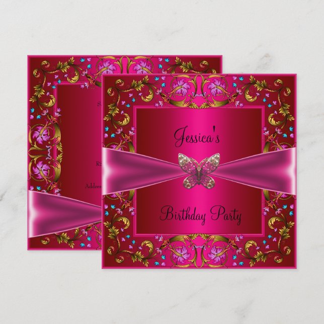 Invitation Floral Fushia papillon rose fête d'anniversaire (Devant / Derrière)