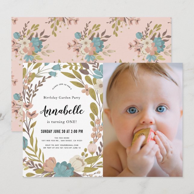 Invitation Floral Garden Party Photo blanche 1er anniversaire (Devant / Derrière)