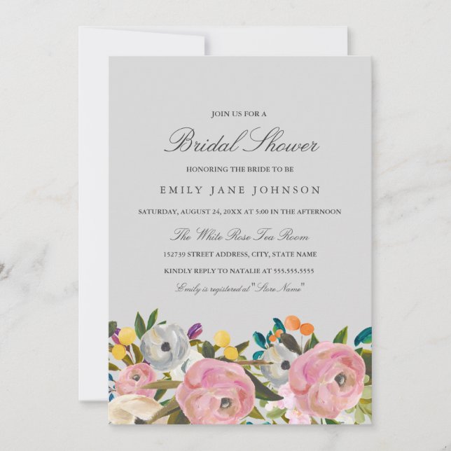 Invitation Floral Garden rose Grey Fête des mariées Invitatio (Devant)