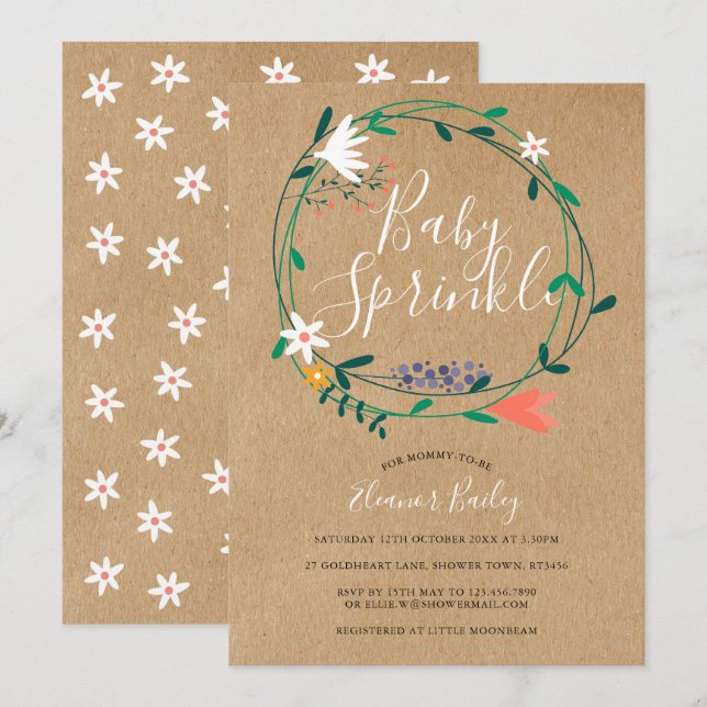 Invitation Floral Garland Baby Sprinkle Rustic Kraft Boho (Devant / Derrière)