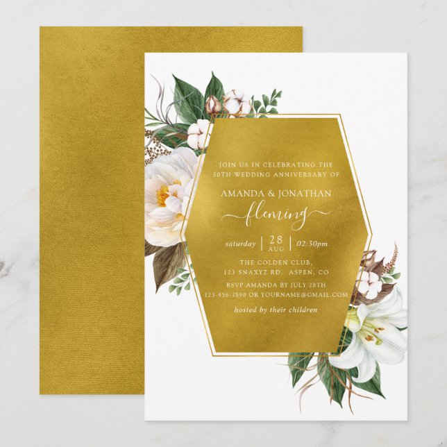 Invitation Floral géométrique or 50e anniversaire Mariage (Devant / Derrière)