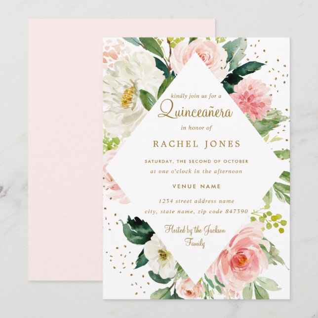 Invitation Floral Géométrique Rose Blush Gold Quinceanera (Devant / Derrière)
