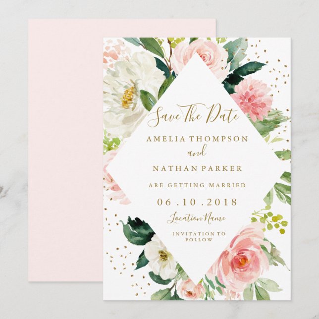 Invitation Floral Géométrique Rose Blush Or Enregistrer La Da (Devant / Derrière)