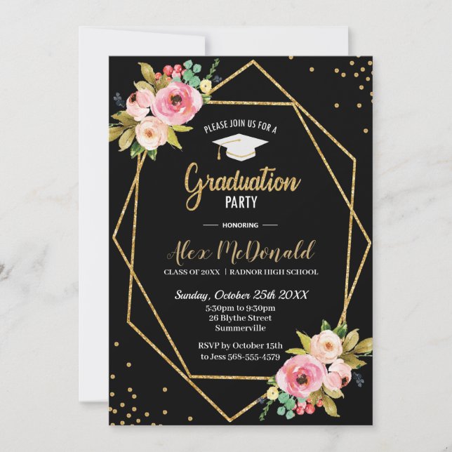 Invitation Floral Geometry Black and Gold Graduation Party (Devant)