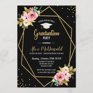 Invitation Floral Geometry Black and Gold Graduation Party