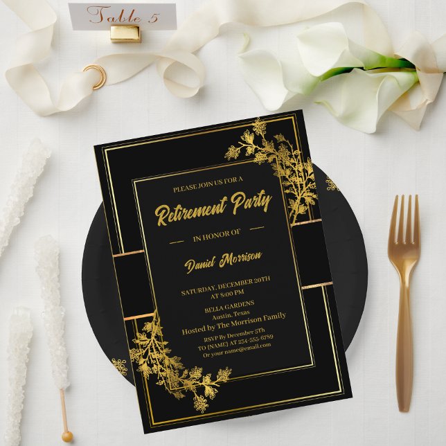 Invitation Floral Gold and Black Retirement Party 2024 (Créateur téléchargé)