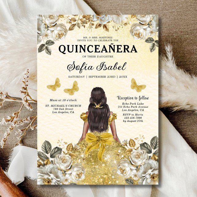 Invitation Floral Gold Bilingue espagnol Quinceanera (Créateur téléchargé)