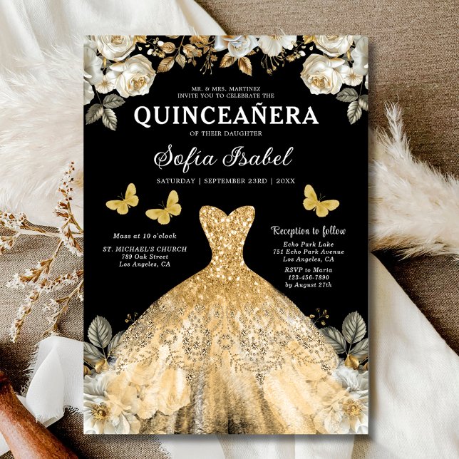 Invitation Floral Gold Bilingue espagnol Quinceanera (Créateur téléchargé)