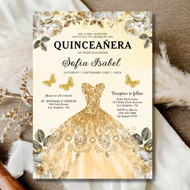 Invitation Floral Gold Bilingue espagnol Quinceanera (Créateur téléchargé)
