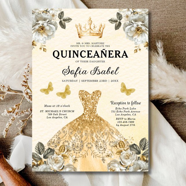 Invitation Floral Gold Bilingue espagnol Quinceanera (Créateur téléchargé)