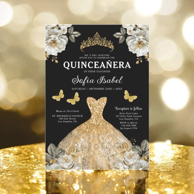 Invitation Floral Gold Bilingue espagnol Quinceanera (Créateur téléchargé)