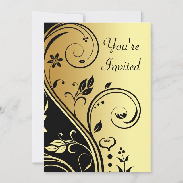 Invitation Floral Gold & Black Scroll à toutes occ (Devant)
