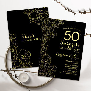 Invitation Floral Gold Black Surprise 50e fête d'anniversaire