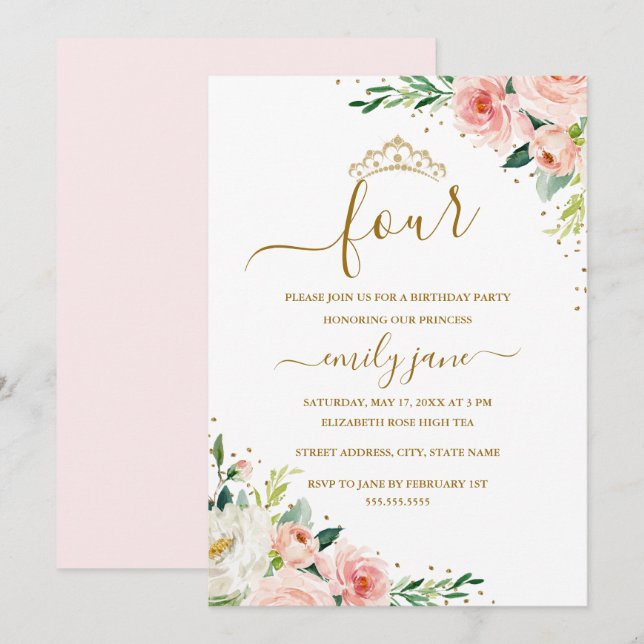 Invitation Floral Gold Blush Girl 4e fête d'anniversaire (Devant / Derrière)