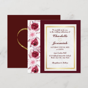 Invitation Floral Gold Blush rose Bourgogne Mariage Script