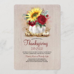 Invitation Floral Gold Citrouille Rustique Thanksgiving Dîner