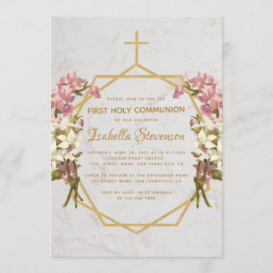 Invitation Floral Gold Cross Orchidées rose Première communio